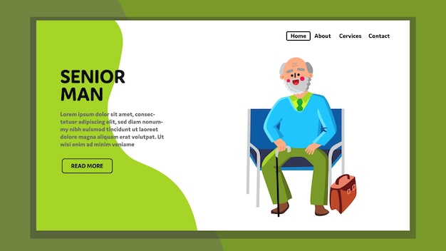 Старший посетитель мужчина, сидящий на кресле вектора. Счастливый старший мужчина с палкой и сумкой сидит на скамейке в зале ожидания клиники или офиса. Старый персонаж дедушка веб-плоский мультфильм иллюстрации