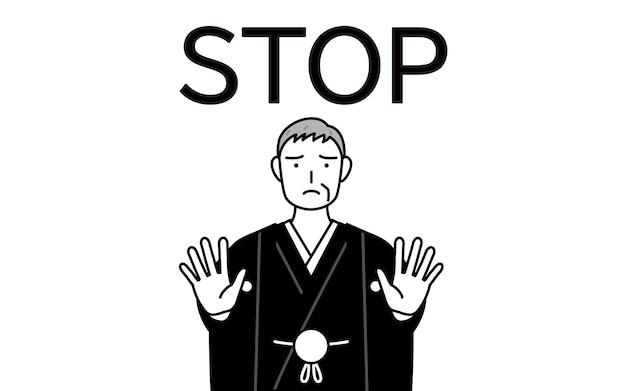 Vector senior man wearing hakama with crest with his hands out in front of his body signaling a stop