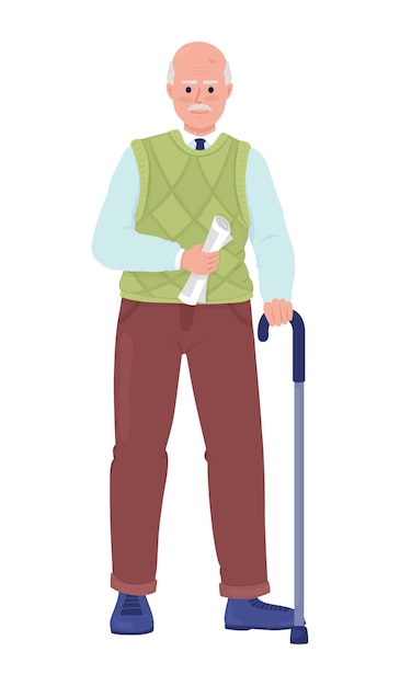 Senior man with cane and newspaper semi flat color vector character