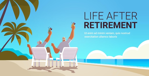 Vector senior man woman drinking cocktails on tropical beach aged couple having fun active old age