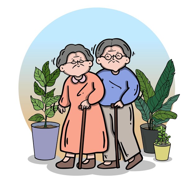 Vector senior man and woman, family elderly people stay at home with lovers and parents.