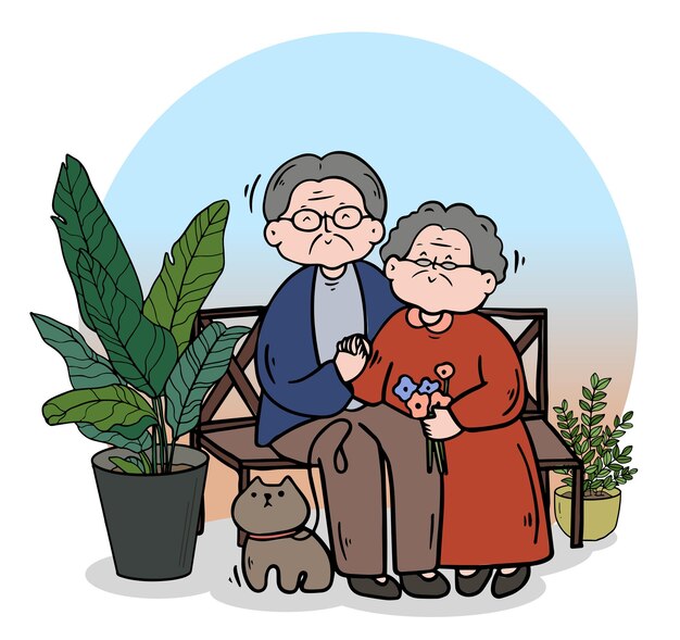 Vector senior man and woman, family elderly people stay at home with lovers and parents.