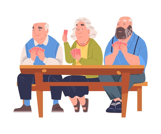 Senior man and woman friends playing cards game sitting on bench at table vector illustration