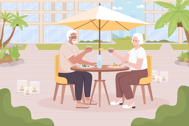 Senior man and woman have dinner in resort cafe flat color vector illustration