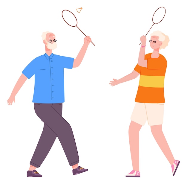 Senior man and woman play badminton Active lifestyle isolated on white background