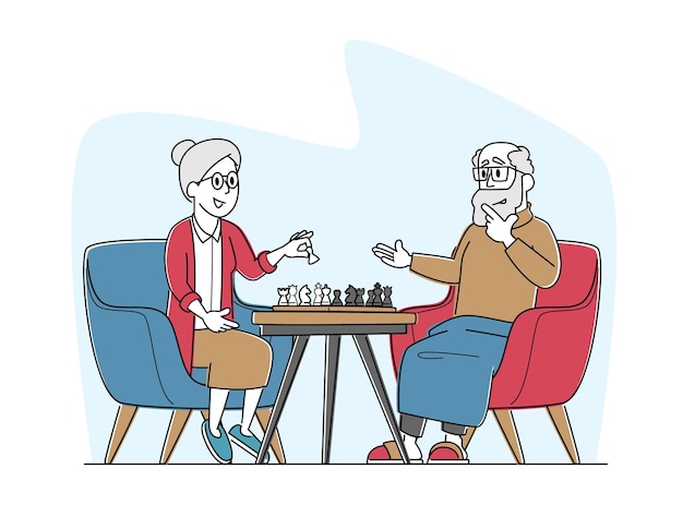 Senior man and woman playing chess in nursing home