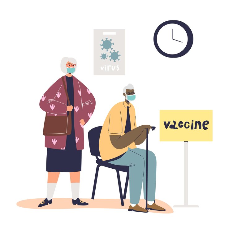 Senior man and woman wait for vaccination from coronavirus in medical clinic. Old male and female get vaccinated from covid-19 disease virus. Cartoon flat vector illustration