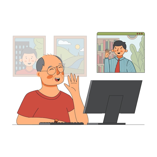 Senior mannen praten online met zoon op computer