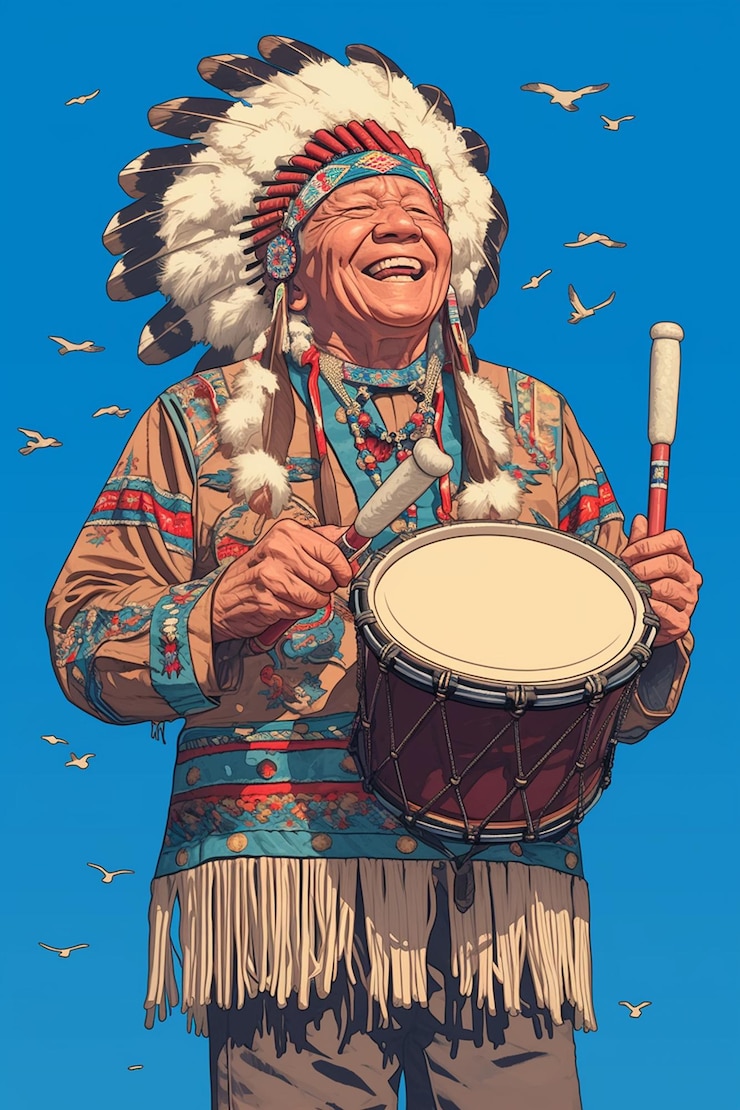 Vector senior native american man playing traditional drums at ceremony