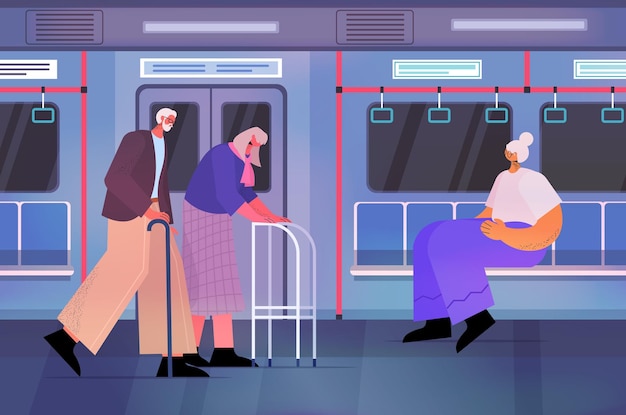 Senior passengers with stick and orthopedic walker moving in\
subway underground old age concept modern train interior horizontal\
full length vector illustration