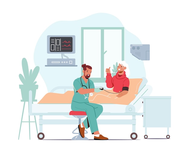 Vector senior patient character hospitalization at clinic ward health care concept doctor or nurse measuring blood pressure