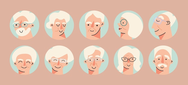 Senior people avatar big bundle set. older user pic, different human mature face icons. collection of grandparent avatars isolated. bundle of joyful smiling pensioners. isolated on white