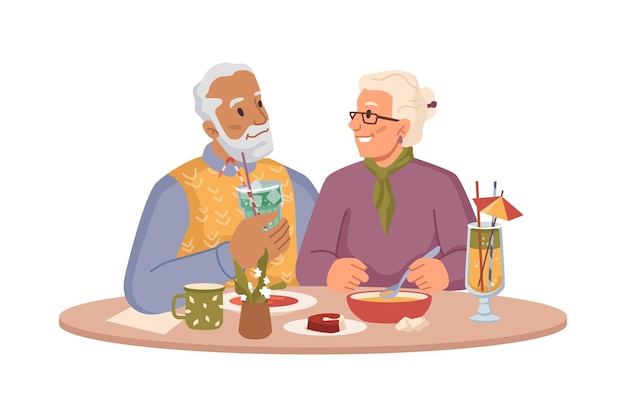 Vector senior people couple in love in restaurant date