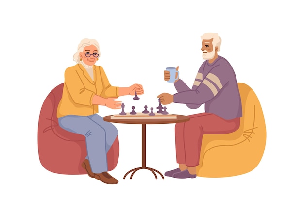 Vector senior people couple playing chess in nursing home