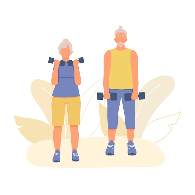 Vector senior people doing sports together grayhaired couple lifts dumbbells trains muscles of arms and back gentle physical exercises for elderly color vector illustration in flat style