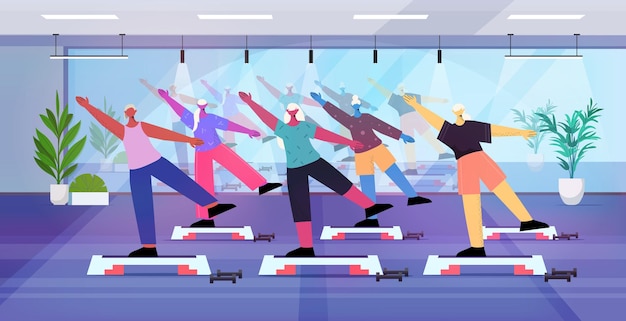 Senior people group doing squats on step platform aged men women training in gym aerobic workout healthy lifestyle active old age concept horizontal full length vector illustration