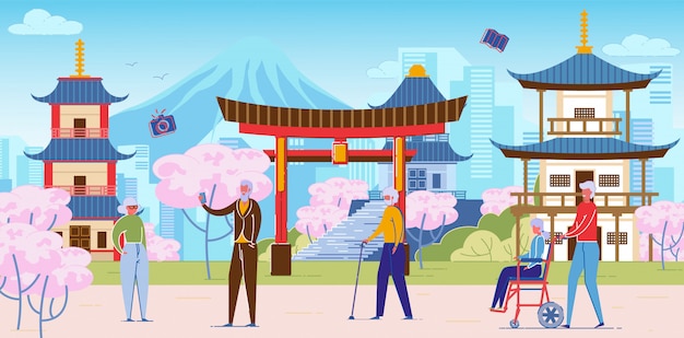 Senior People on Group Sightseeing Tour at Japan