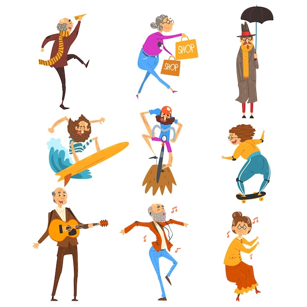 Vector senior people having fun set elderly men and women cartoon characters leading active lifestyle