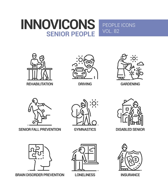 노인 라인 디자인 스타일 아이콘 세트 노인 돌봄 활동 건강 문제 재활