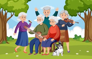 Vector senior people playing music at park