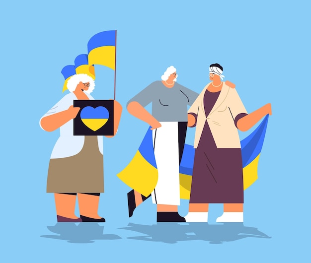 Senior people protesters holding ukrainian flags pray for ukraine peace save ukraine from russia stop war concept full length vector illustration