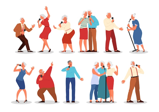 Vector senior people singing karaoke set. old peope singing song with microphone. old people life concept. seniors relaxing at karaoke bar.    style