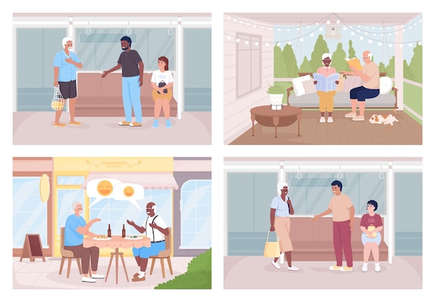 Senior people wellness flat color vector illustration set