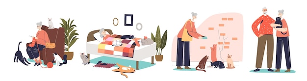 Senior people with cats: happy granny and grandfather holding cute pets. retirement lifestyle and caring older pensioners concept. cartoon flat vector illustration