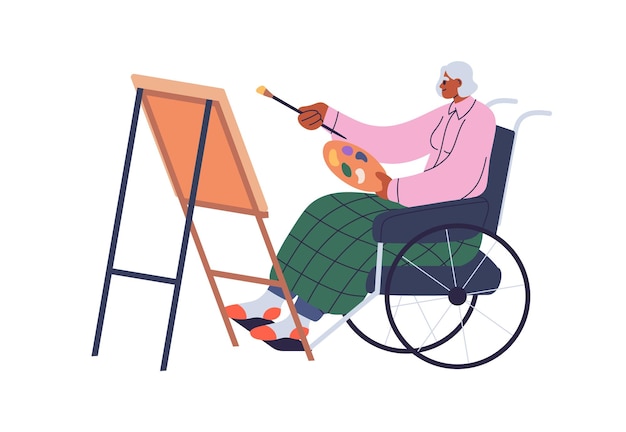 벡터 휠체어를 탄 노인이 캔버스에 그림을 그립니다. 이젤에서 그림을 그리는 오래된 예술가. 휠체어를 탄 노인 흑인 여성 화가. 평면 벡터 일러스트 레이 션 흰색 배경에 고립.