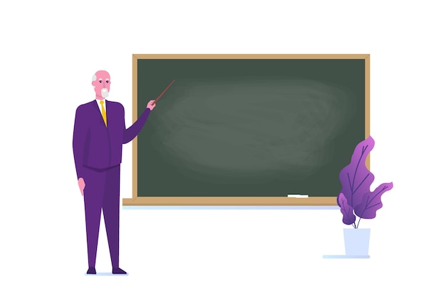 Senior Professor or teacher standing near blank school blackboard