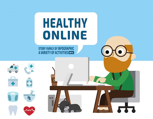 Concetto di assistenza sanitaria online di ricerca senior salute. elementi infographic.