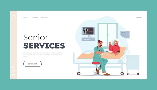 senior services landing page template old patient character hospitalization at clinic doctor measuring blood pressure