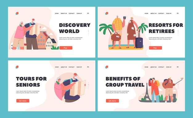 シニア観光客のランディングページテンプレートセット高齢者が地図で場所を検索して自分撮りの古いキャラクターを旅行させる
