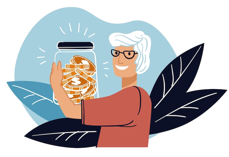 Vector senior vrouw die geld bespaart voor pensioen vectorbeelden