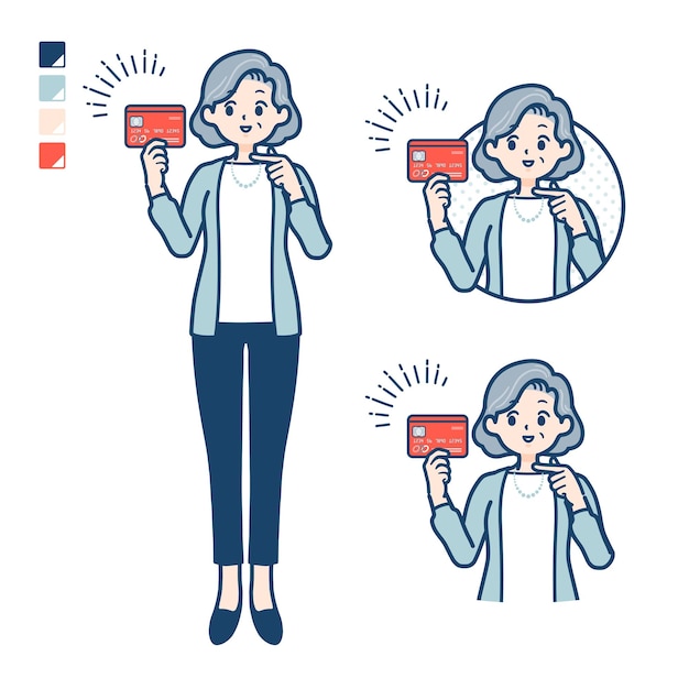 Senior vrouw in een pak met wijzend op creditcardafbeeldingen. Het is vectorkunst, dus het is gemakkelijk te bewerken.