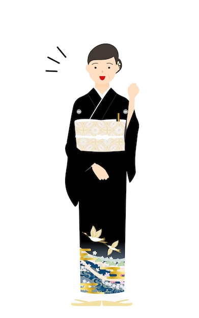 Senior vrouw in kurotomesode kimonoclad poseerde setstrike een pose van lef