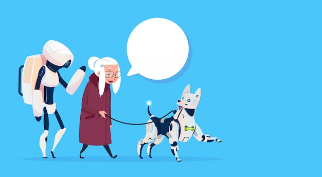 Senior vrouw lopen met robots dog chat bubble moderne grootmoeder lady