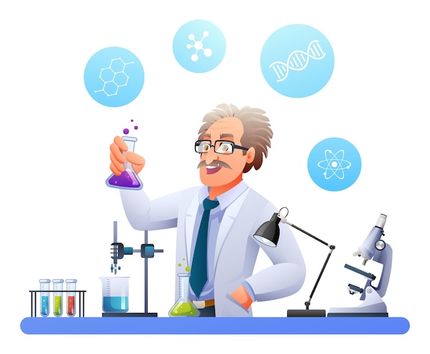 Senior wetenschapper professor die experimenten uitvoert in een wetenschappelijk laboratorium Vector cartoon illustratie