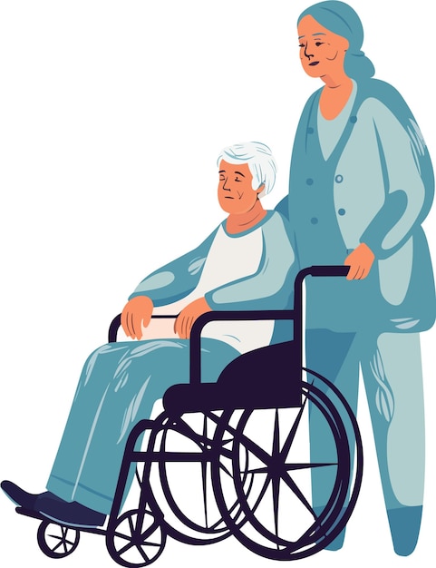Vector senior in wheelchair with caregiver