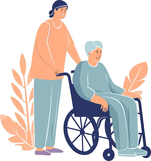 Vector senior in wheelchair with caregiver