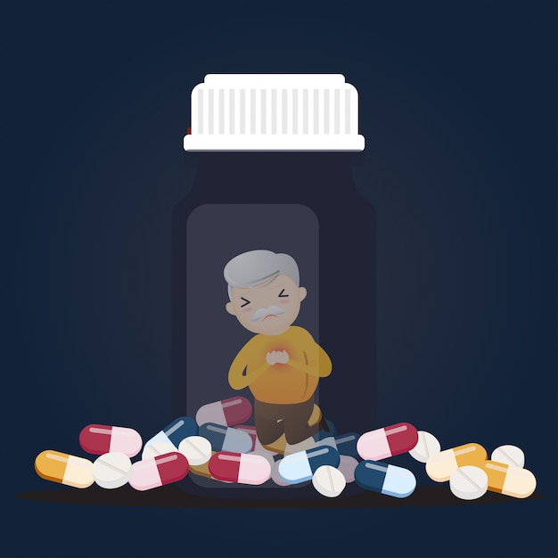 Vector senior with pill bottles.