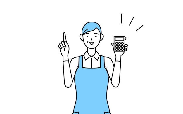 A senior woman in an apron holding a calculator and pointing