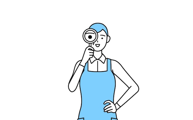 A senior woman in an apron looking through magnifying glasses