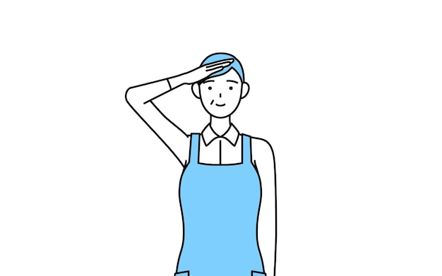 A senior woman in an apron making a salute