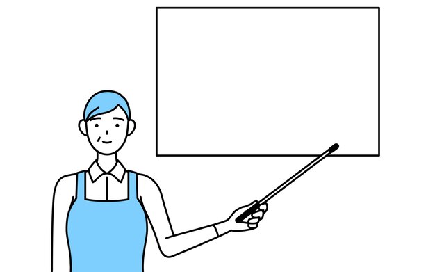 A senior woman in an apron pointing at a whiteboard with an indicator stick