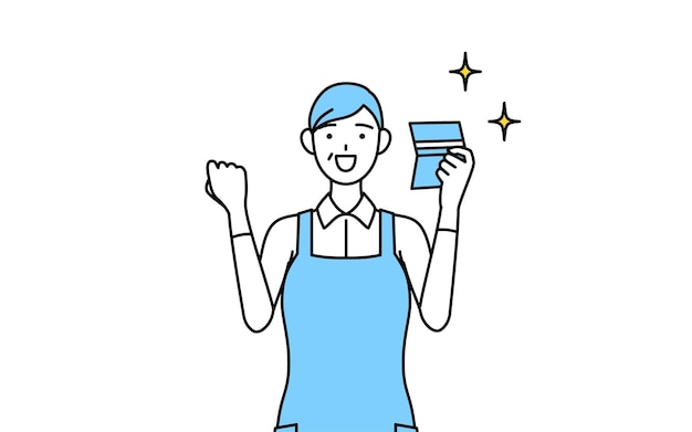 A senior woman in an apron who is pleased to see a bankbook