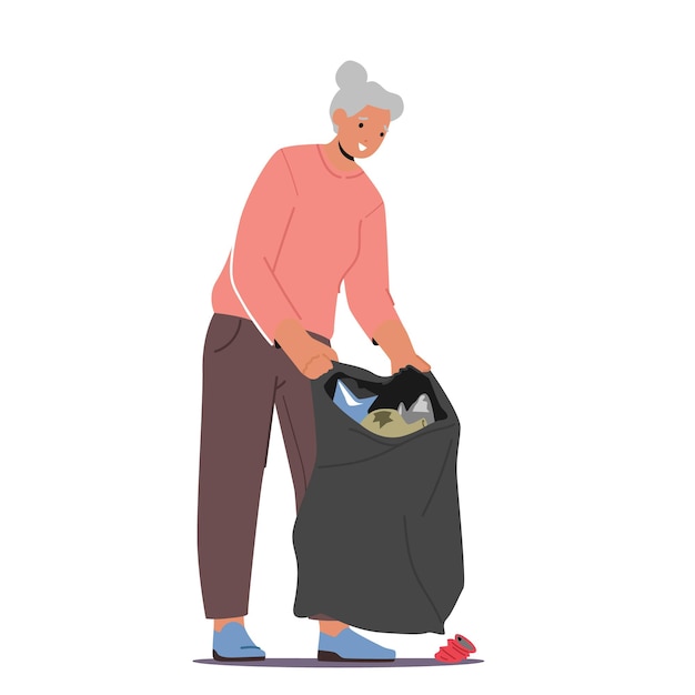 Пожилая женщина собирает мусор в мешок для мусора загрязнение окружающей среды защита экологии и борьба с мусором