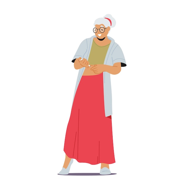 노인 여성은 자신 있게 인슐린 주사를 배꼽에 주사합니다. 독립성을 보여주는 늙은 여성 캐릭터