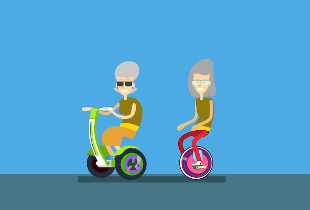 Senior Woman Couple Ride Segway Motor Bicycle Flat 