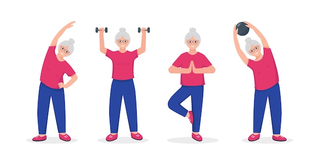 Vector senior woman doing exercises. active and healthy lifestyle and fitness for retired people concept.